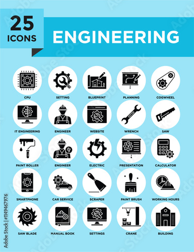 Engineering icon collection set. Containing design engineer, industrial, industry, construction, helmet, business, working	