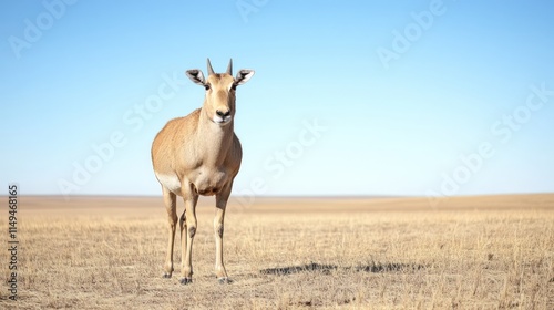 A Saiga antelope standing on a windswept steppe under a vast, cloudless sky, its bulbous nose and slender legs creating a surreal silhouette. The muted tones of the dry grassland enhance the otherworl photo