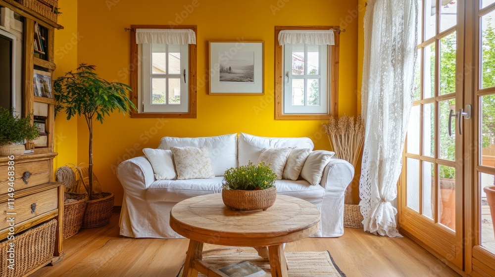 French country-inspired living room with a bright yellow wall, cozy white sofa, lace curtains, and wooden accents creating a warm atmosphere. French country-inspired living room with a bright yellow wall, cozy white sofa, lace curtains, and wooden accents creating a warm atmosphere.