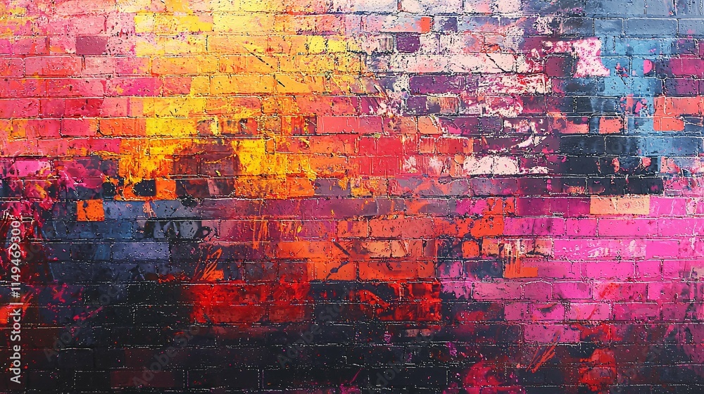 Obraz premium Vibrant graffiti texture on a brick wall features diverse spray paint patterns, perfect for urban-inspired designs and creative backgrounds.