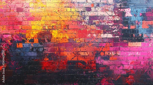 Vibrant graffiti texture on a brick wall features diverse spray paint patterns, perfect for urban-inspired designs and creative backgrounds.