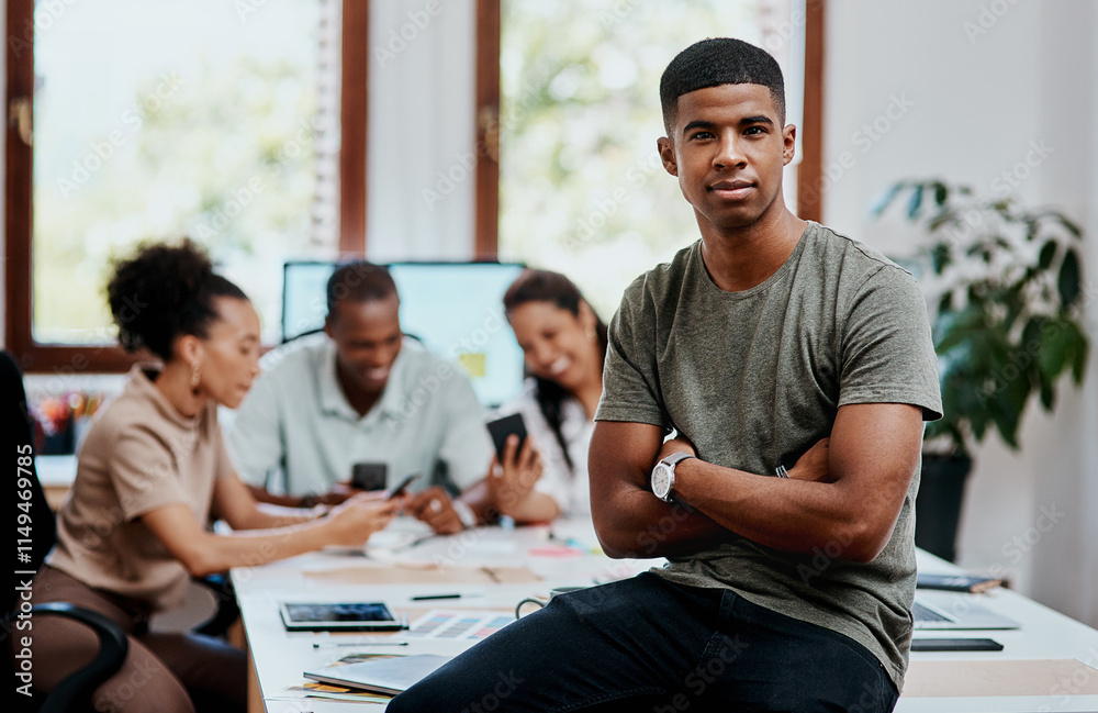 Fototapeta premium Portrait, man and pride with confidence, coworking space and desk for project management in office. Male person, serious and professional as staff, creative or web design for career in digital agency