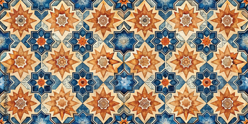 An intricate geometric tile pattern featuring blue, orange, and beige tones, showcasing traditional design elements.
