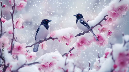 Two magpies perched on snow-covered branch with pink blossoms in winter wonderland photo