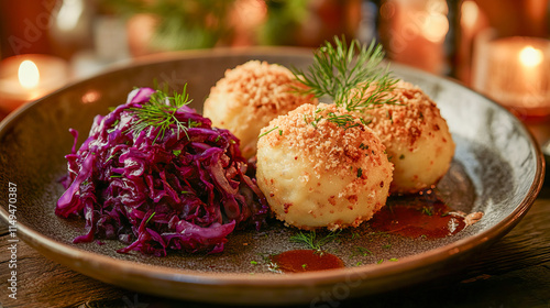 Traditional german klöße with red cabbage in cozy rustic setting photo