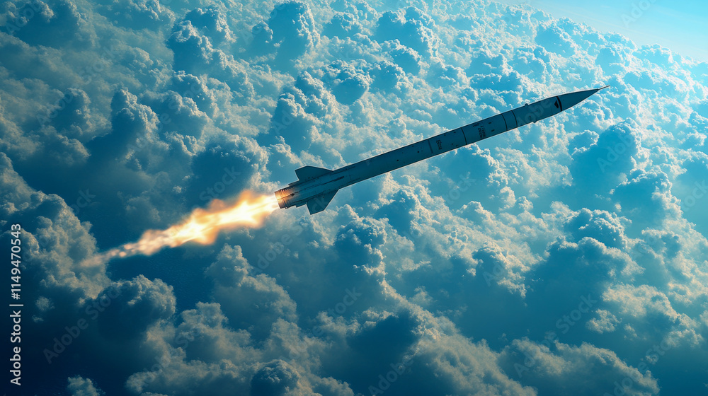 Rocket soaring through clouds in blue sky with fiery trail Rocket soaring through clouds in blue sky with fiery trail