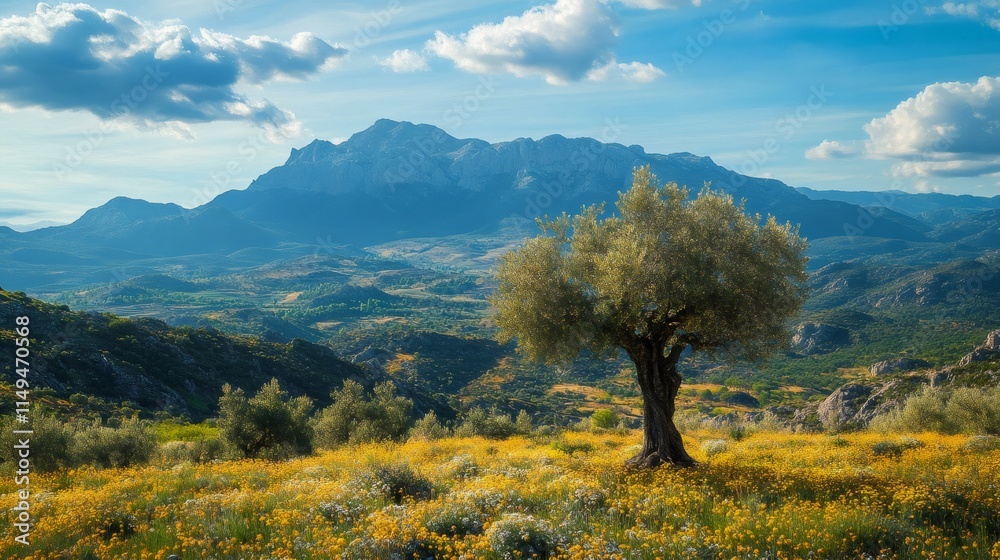 Fototapeta premium Olive tree growing in field of yellow flowers with mountains in background