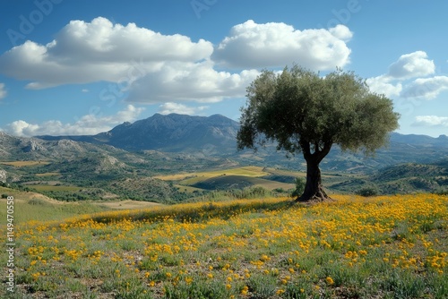 Olive tree dominating blooming meadow in picturesque andalusian landscape