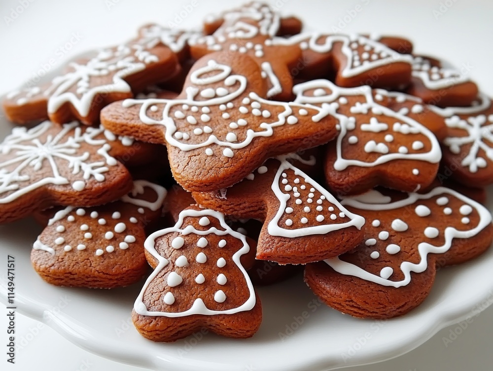 A plate of decorated gingerbread cookies in festive shapes, perfect for holiday celebrations. A plate of decorated gingerbread cookies in festive shapes, perfect for holiday celebrations.