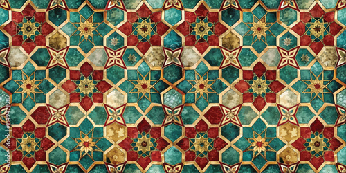 Intricate multicolored geometric pattern featuring stars and hexagons in teal, red, and gold hues.