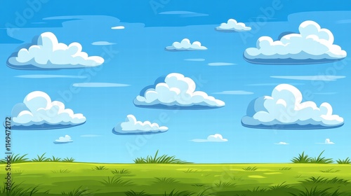 Sunny Day, Green Field, Blue Sky with Fluffy Clouds
