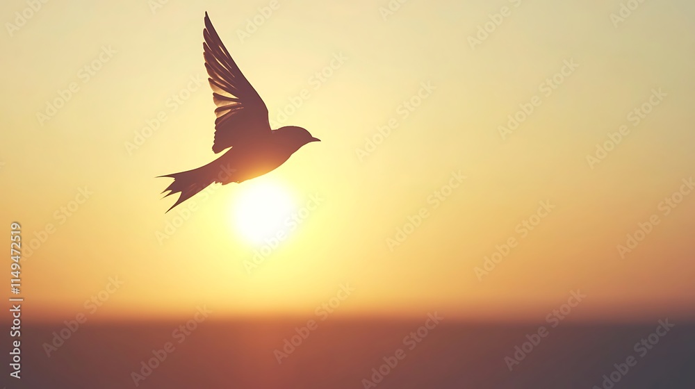 Fototapeta premium Silhouette of a bird in flight during a sunset.