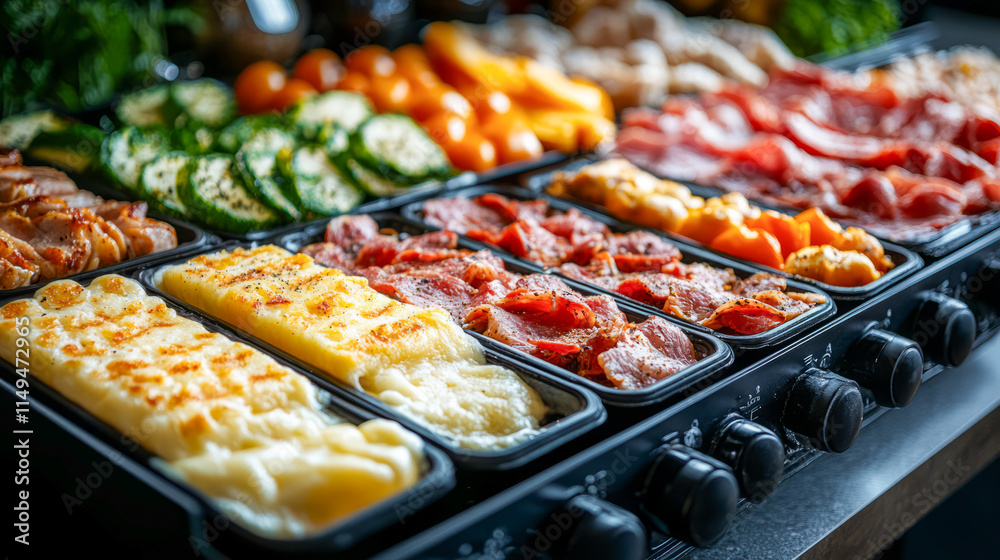 Delicious buffet display with meat, cheese, and vegetables in stainless steel trays Delicious buffet display with meat, cheese, and vegetables in stainless steel trays