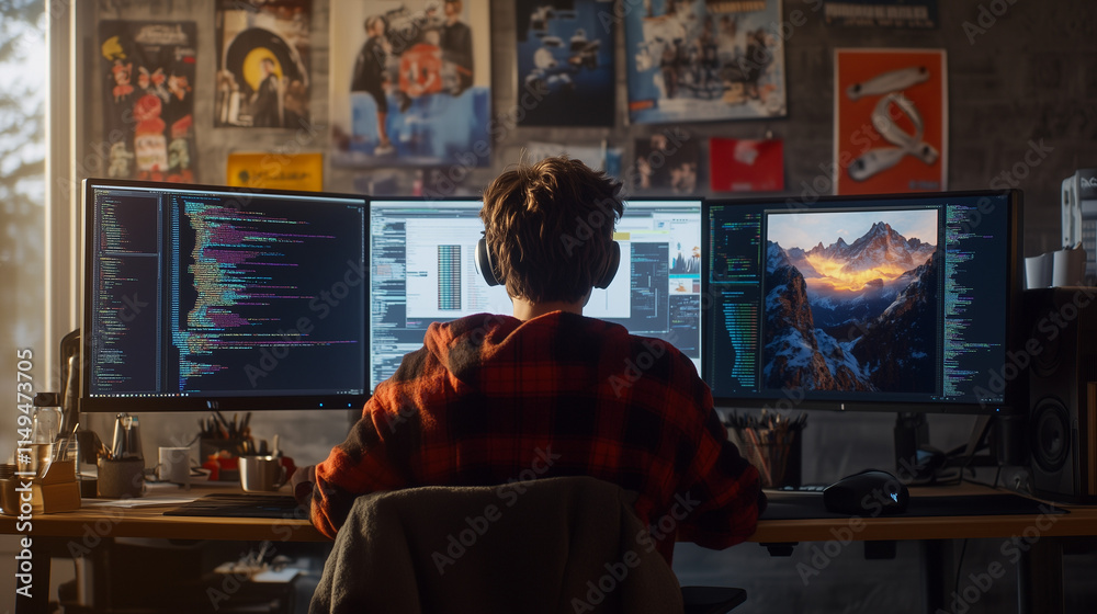 Obraz premium Young coder working on multiple screens in a creative environment