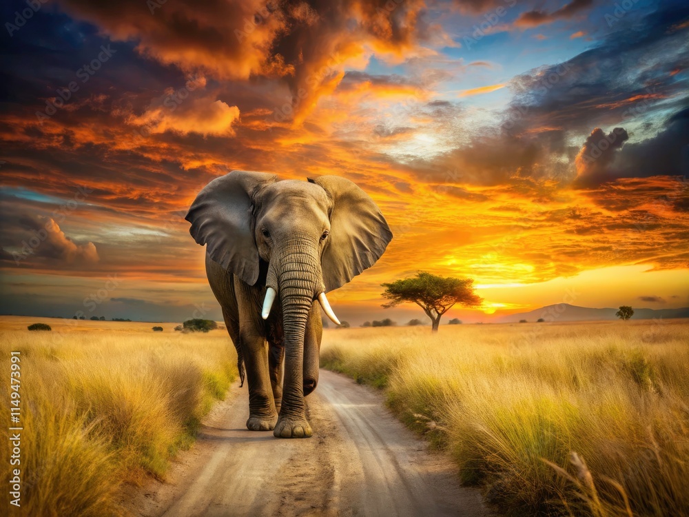 Fototapeta premium Majestic Elephant Close Up: Golden Grassland Wildlife Photography