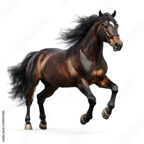 A majestic brown horse gallops gracefully, showcasing its powerful physique and flowing mane against a plain background.