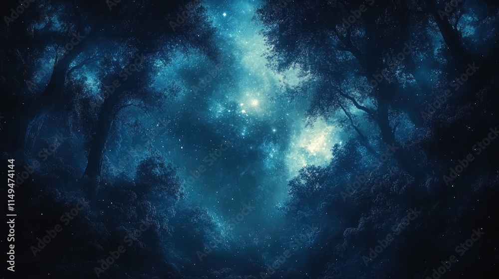 Fototapeta premium Starry night sky, silhouetted trees, magical forest.