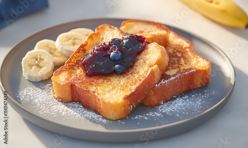 A plate of French toast, golden brown and crispy, topped with blueberry jam and banana slices, Generative AI 