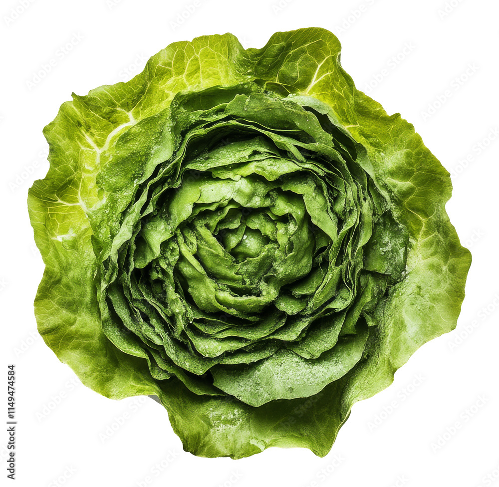 Fototapeta premium Lettuce head top view, fresh green vegetable with crisp leaves. Healthy eating and salad ingredient concept