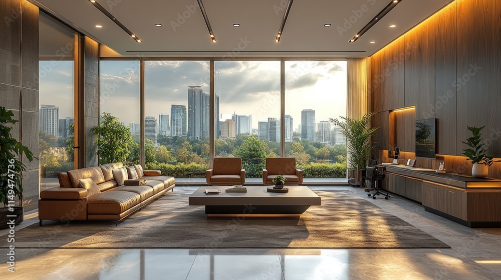 Fototapeta premium Modern city-view living room, luxury furniture.