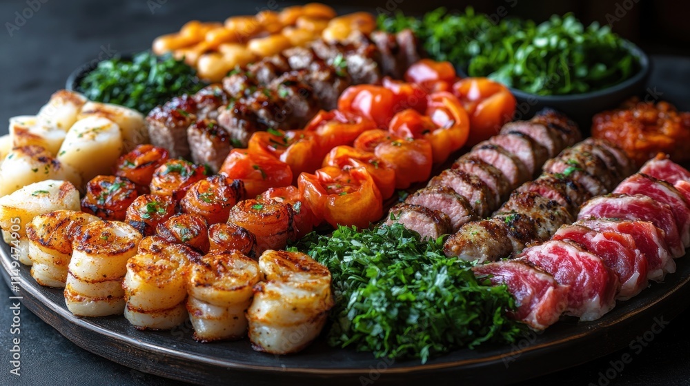 Grilled meats, scallops, vegetables, and herbs platter. Grilled meats, scallops, vegetables, and herbs platter.
