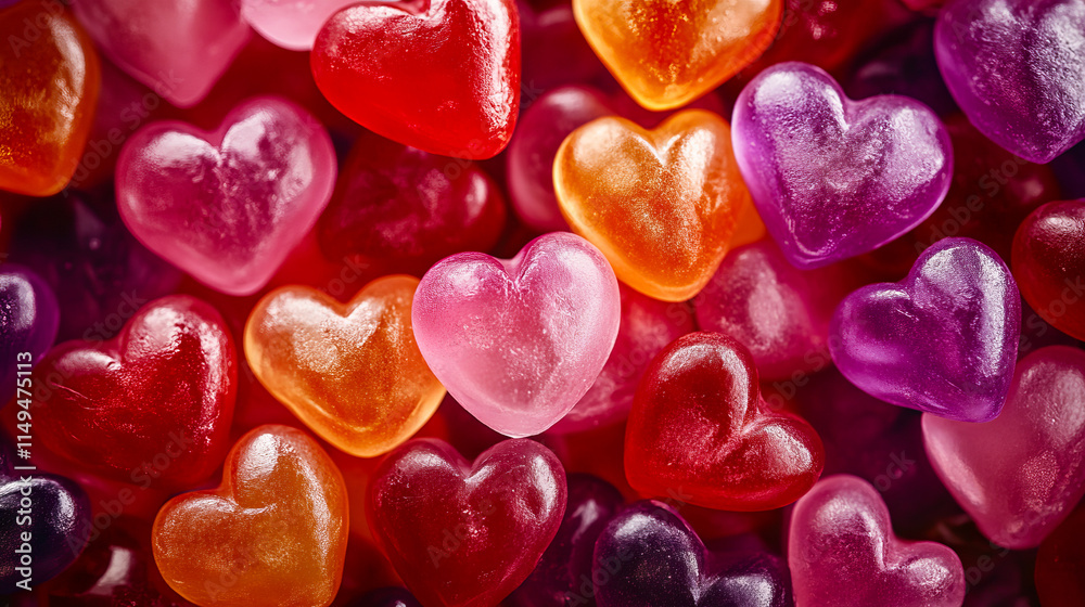 Colorful heart-shaped candies in various shades close-up Colorful heart-shaped candies in various shades close-up
