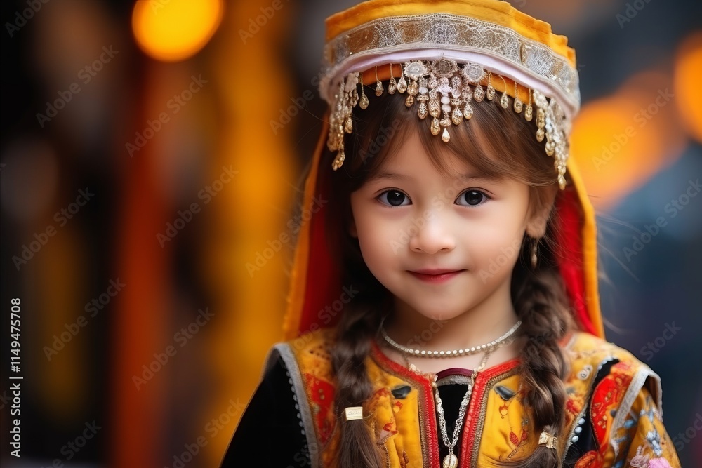 Beautiful asian little girl in traditional costume with bokeh background Beautiful asian little girl in traditional costume with bokeh background