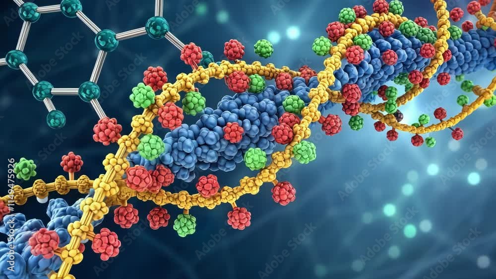 Insulin Molecule A detailed illustration of an insulin molecule showing its specific structure in bright colors. The image focuses on its two chains linked by disulfide bonds