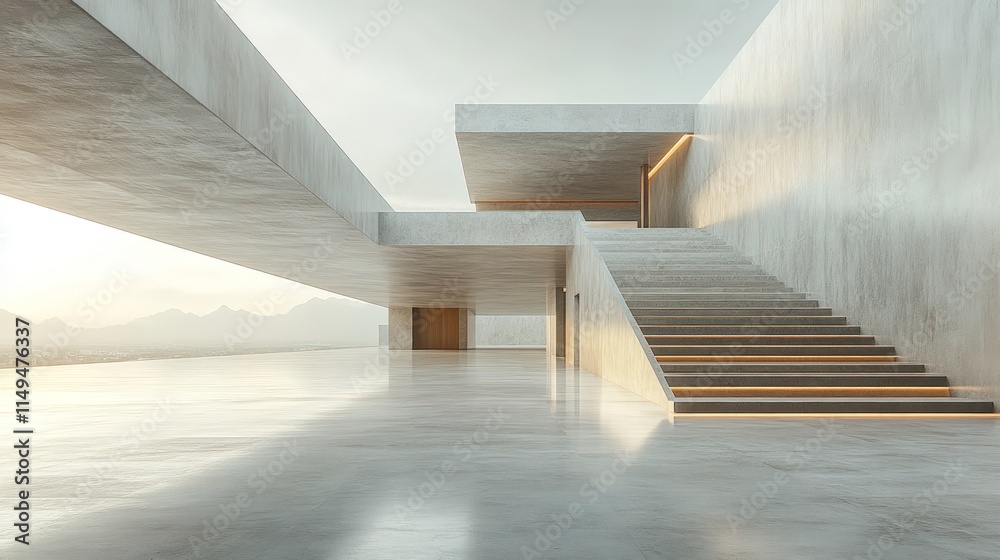 Obraz premium Modern concrete house, illuminated stairs, mountain view.