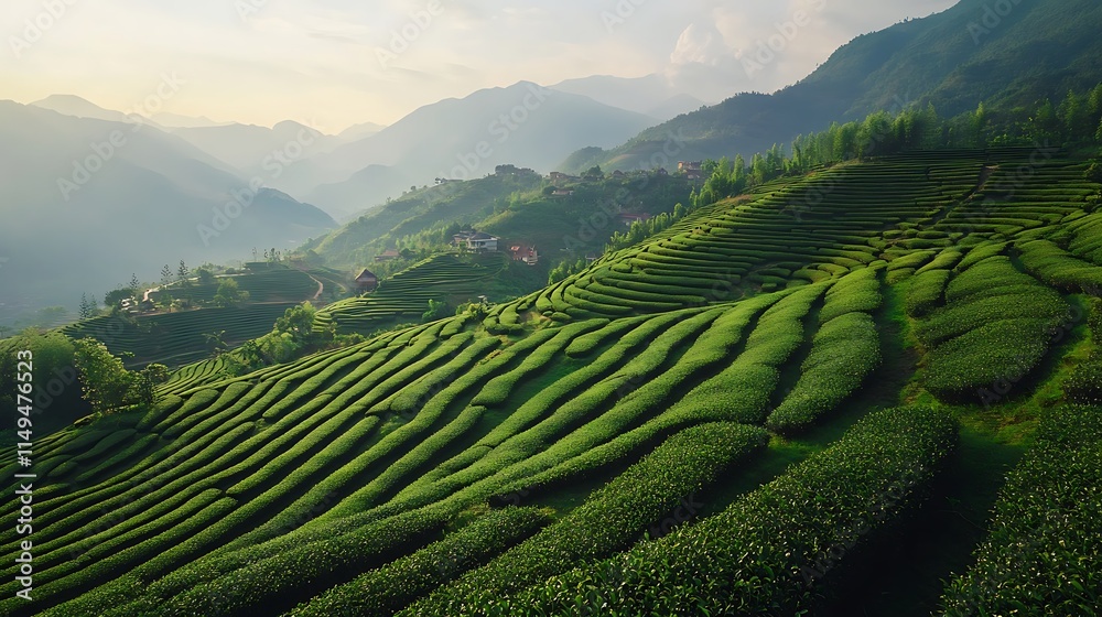 Fototapeta premium Serene Green Tea Terraces Mountainside Landscape