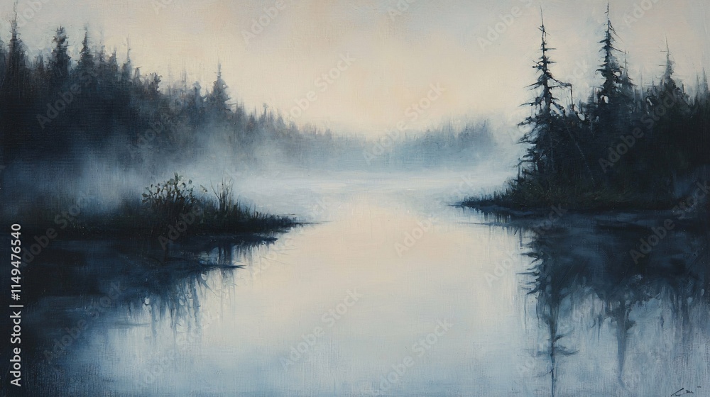 A tranquil lake shrouded in gentle fog at dawn, with distant tree silhouettes mirrored in the calm water, evokes a serene and contemplative ambiance. A tranquil lake shrouded in gentle fog at dawn, with distant tree silhouettes mirrored in the calm water, evokes a serene and contemplative ambiance.