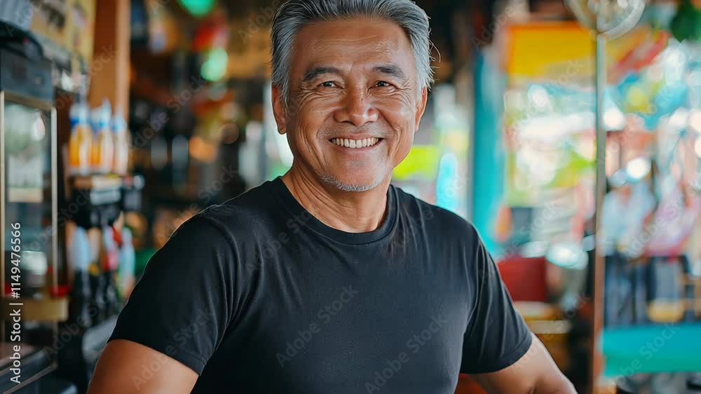 smiling Thai middle age man at his local grocery shop smiling Thai middle age man at his local grocery shop