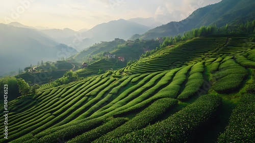 Serene Green Tea Terraces Mountainside Landscape photo