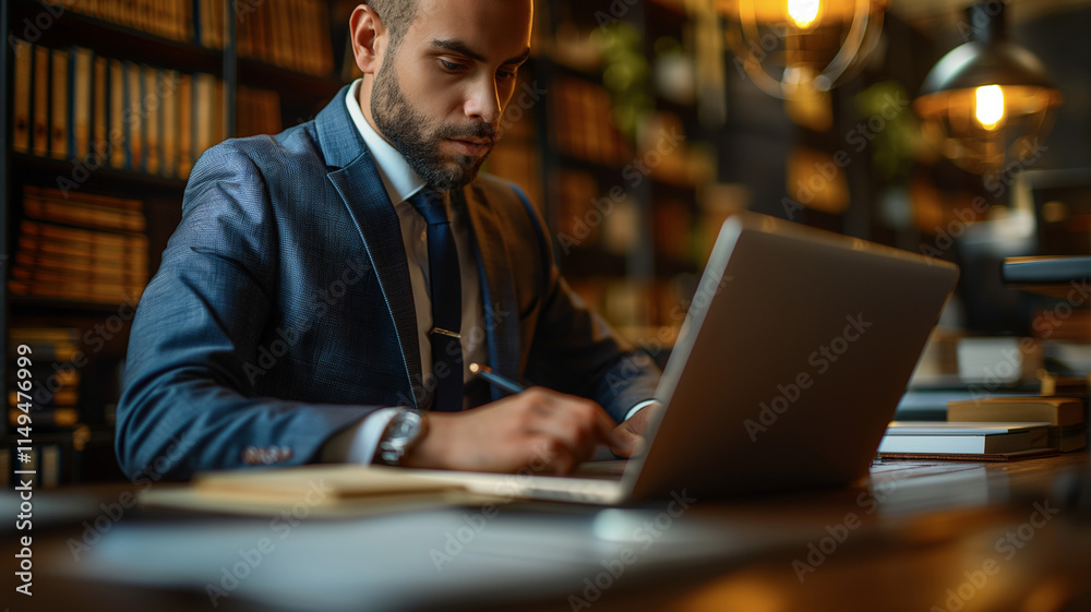 A man in a suit is sitting at a desk with a laptop open in front of him A man in a suit is sitting at a desk with a laptop open in front of him