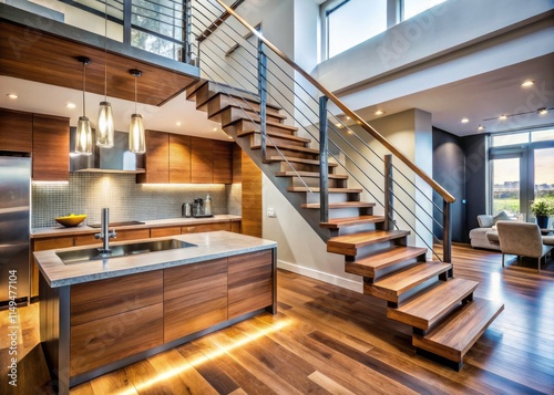 Modern Minimalist Wooden Staircase Kitchen Interior Design Macro Photography