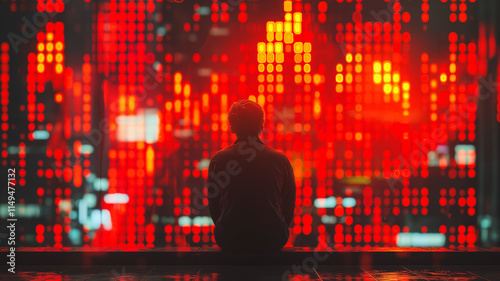 A man is sitting on a ledge looking out at a cityscape with red lights. Concept of loneliness and isolation, as the man is alone in the midst of the bustling city photo