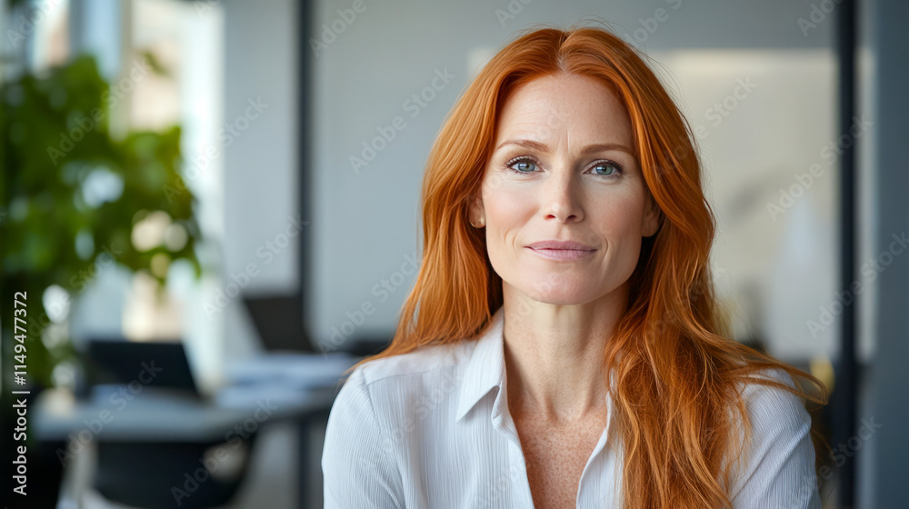 Confident caucasian female adult with red hair in office setting Confident caucasian female adult with red hair in office setting