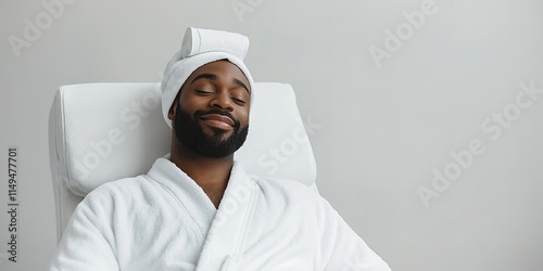 relaxed 40-year-old black man wearing white bathrobe sitting in spa lounge chair with towel over his head smiling peacefully photo