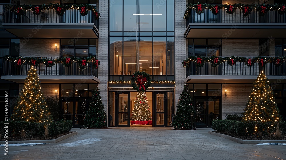 Christmas tree stands in the courtyard of a modern apartment building Christmas tree stands in the courtyard of a modern apartment building
