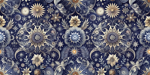Intricate floral and celestial pattern featuring vibrant blues and golds, creating a harmonious, artistic design.