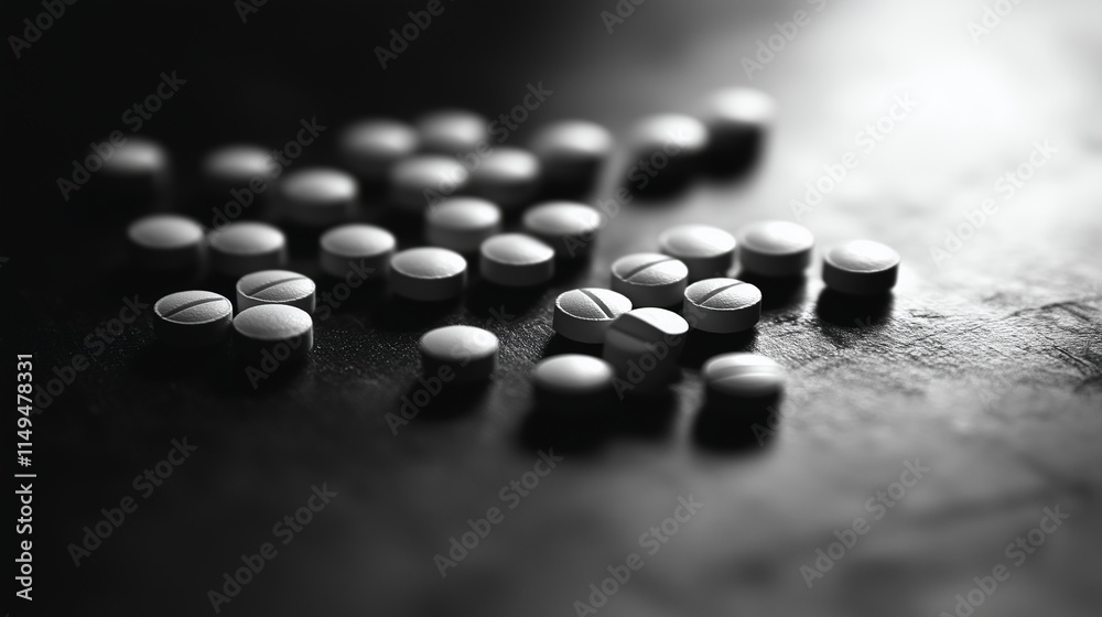 Pills scattered on a table, in sharp contrast, documenting reliance on medication for health Pills scattered on a table, in sharp contrast, documenting reliance on medication for health