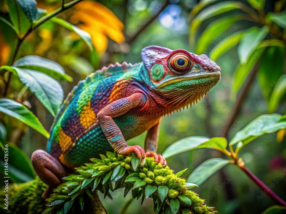Panoramic View of Chameleon in Vibrant Tropical Habitat Panoramic View of Chameleon in Vibrant Tropical Habitat