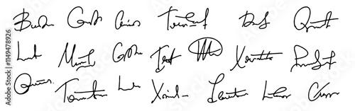 Set vector handwritten signature. Fake autograph in different handwriting. There are playful doodles mixed in with the signatures.