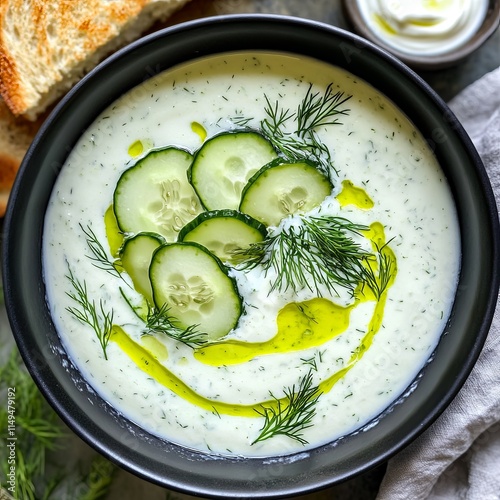 A bowl of refreshing cucumber and dill yogurt soup with a drizzle of olive oil, served in a sleek black bowl, Soup centered with fresh dill and cucumber slices on top photo