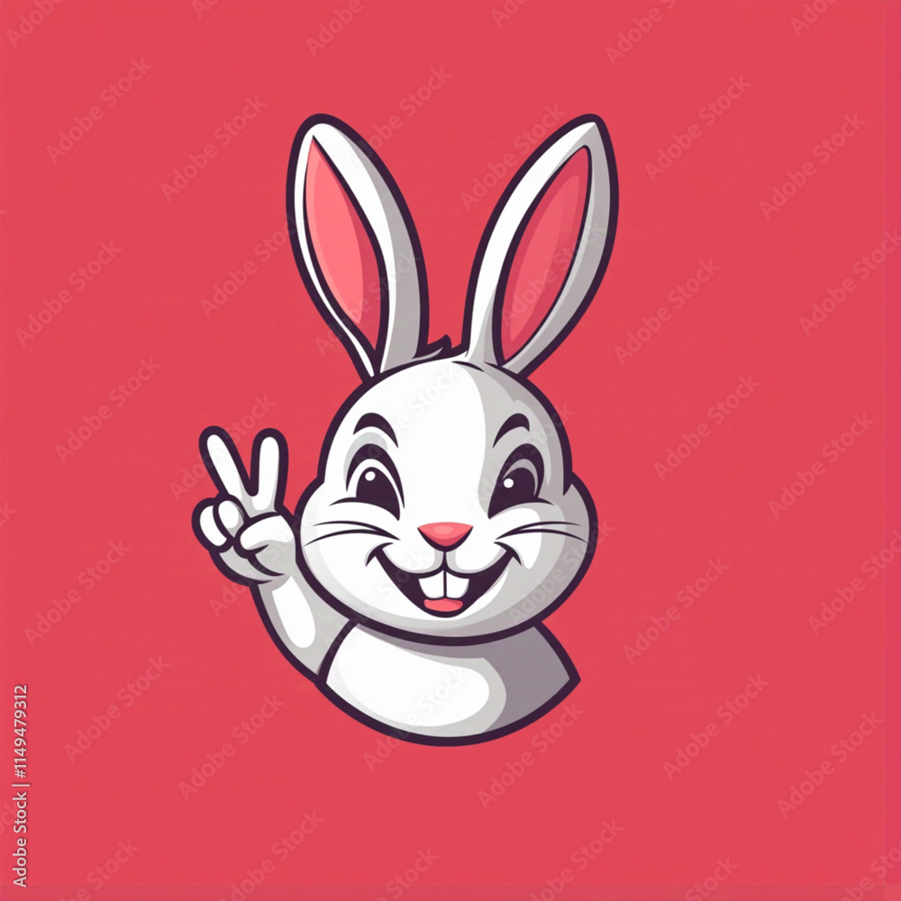 A white cartoon rabbit with large ears making a peace sign gesture against a bright pink background A white cartoon rabbit with large ears making a peace sign gesture against a bright pink background