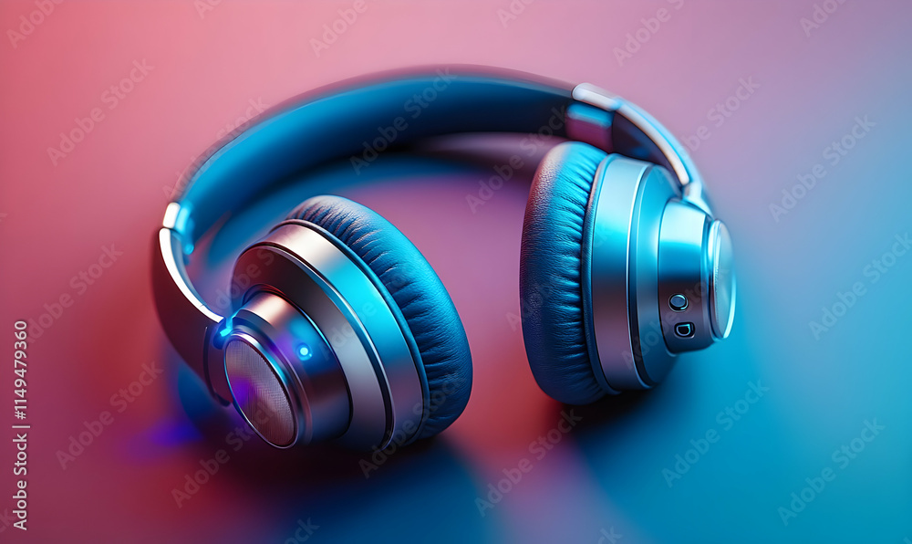 A pair of modern headphones on a colorful gradient background. A pair of modern headphones on a colorful gradient background.