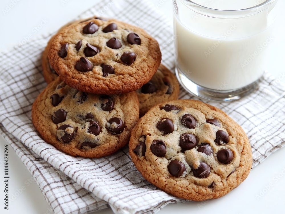 A plate of chocolate chip cookies beside a glass of milk on a checkered napkin. A plate of chocolate chip cookies beside a glass of milk on a checkered napkin.