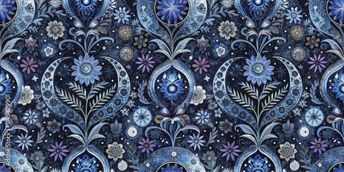 Intricate floral pattern in varying shades of blue, featuring delicate flowers and swirling designs.