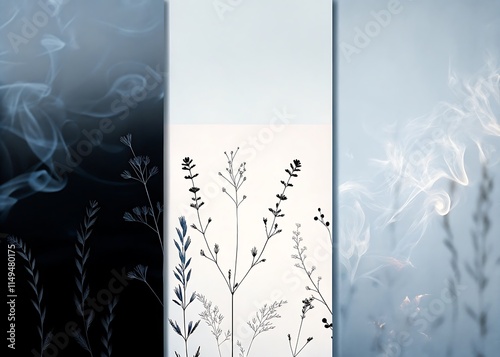 Botanical Smoky Art Vertical Poster Set with Soft Pastel Accents