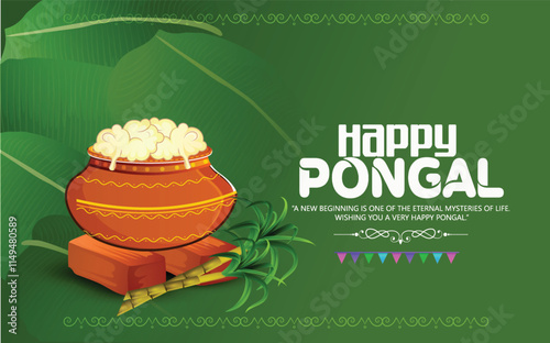 Happy Pongal Celebration With Mud Pot, Sugarcane, banana leaf, kite, cow